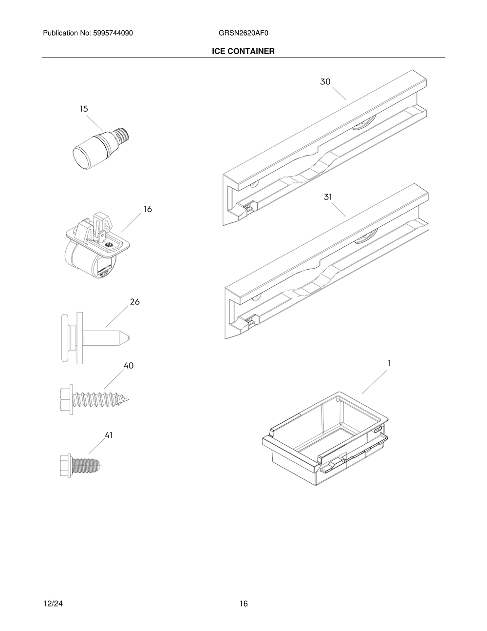 Ice Container Diagram and Parts List for GRSN2620AF0  Frigidaire Refrigerator