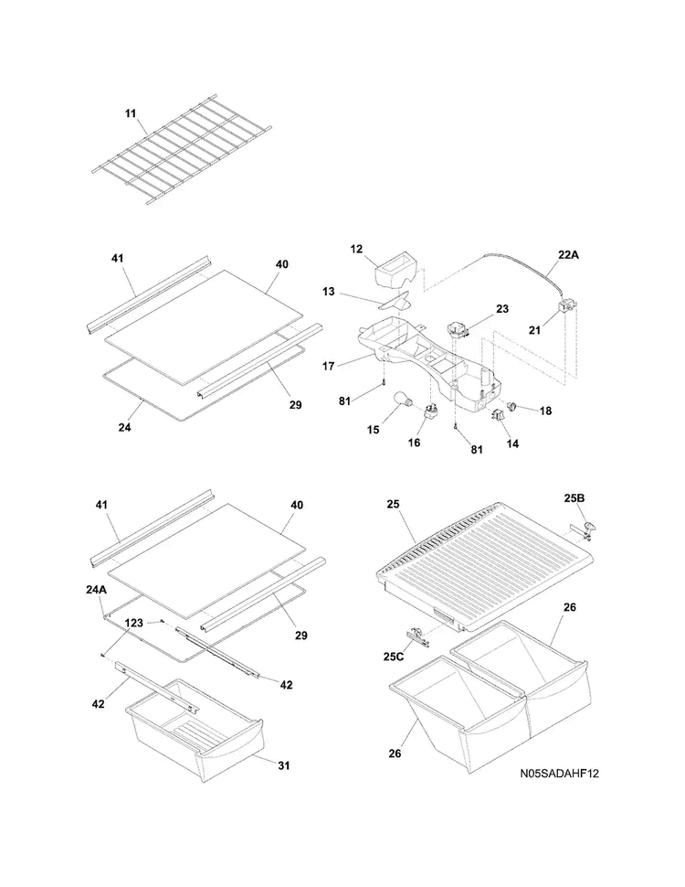 Shelves Diagram and Parts List for FFHT1515LWB  Frigidaire Refrigerator