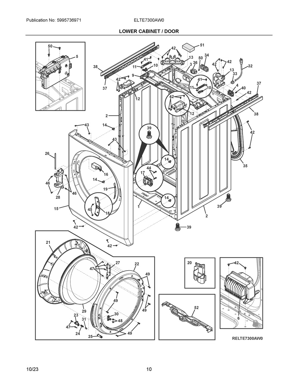 Lower Cabinet / Door Diagram and Parts List for ELTE7300AW0  Frigidaire Washer Dryer Combo