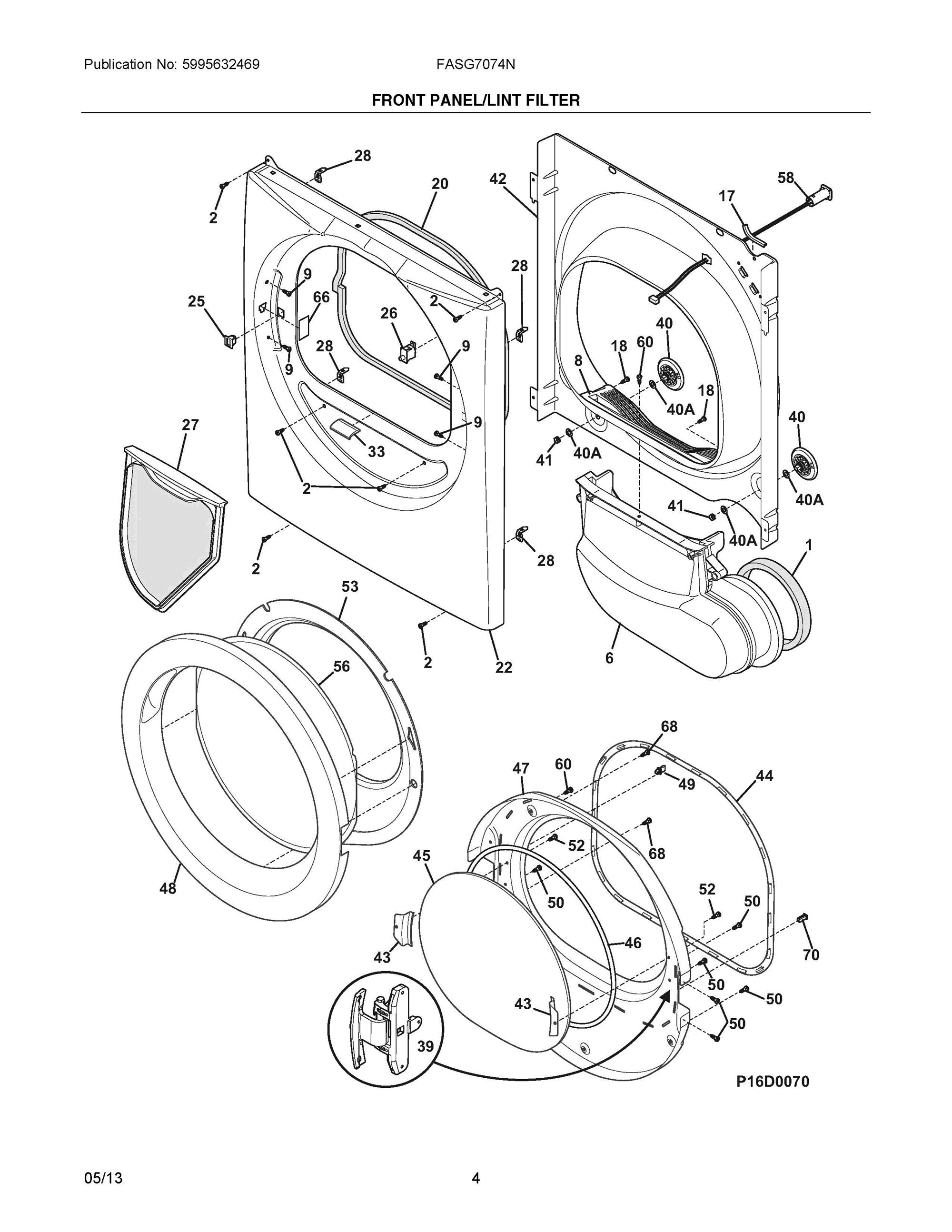 03 - FRONT PANEL/LINT FILTER Diagram and Parts List for FASG7074NR3  Frigidaire Dryer