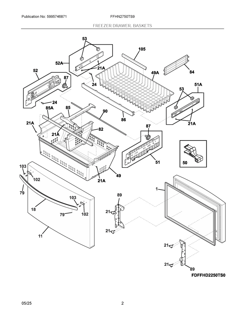 Freezer Drawer, Baskets Diagram and Parts List for FFHN2750TS9  Frigidaire Refrigerator