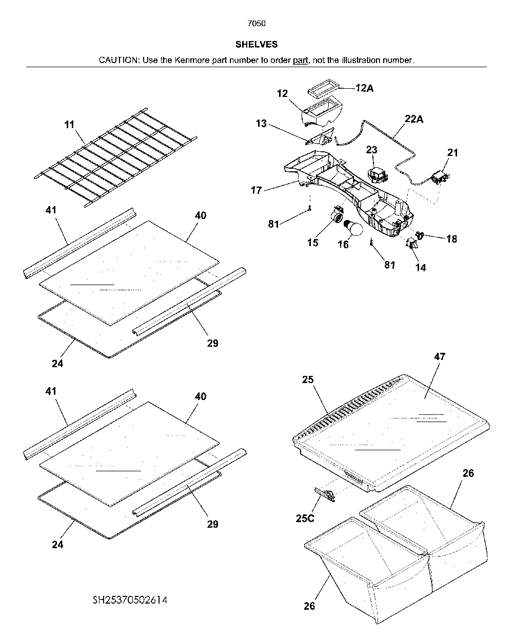 Shelves Diagram and Parts List for 25370505617  Kenmore Refrigerator