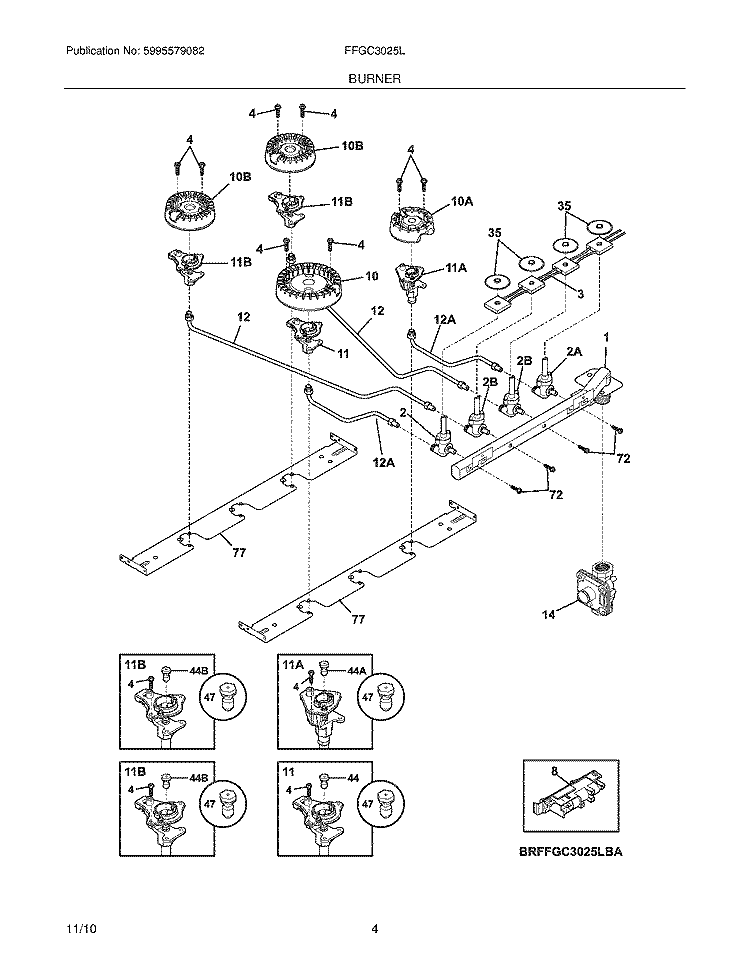 BURNER Diagram and Parts List for FFGC3025LWB  Frigidaire Cooktop