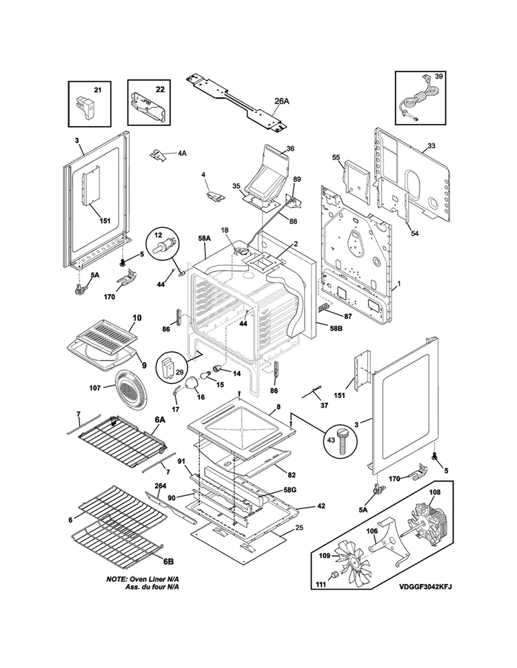 Body Diagram and Parts List for DGGF3042KFP  Frigidaire Range