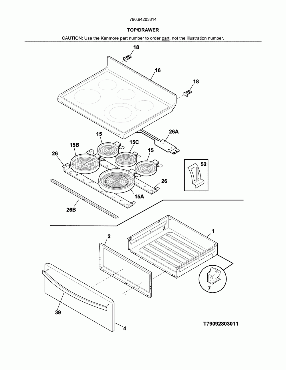 Top/drawer Diagram and Parts List for 79094203314  Kenmore Range
