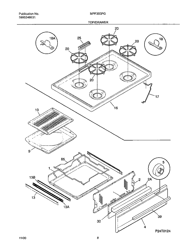 TOP / DRAWER Diagram and Parts List for MPF303PGDG  Uni Range