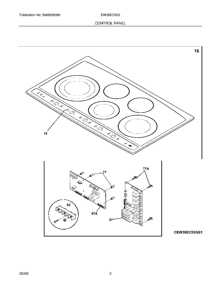 CONTROL PANEL Diagram and Parts List for EW36EC55GB1  Electrolux Cooktop