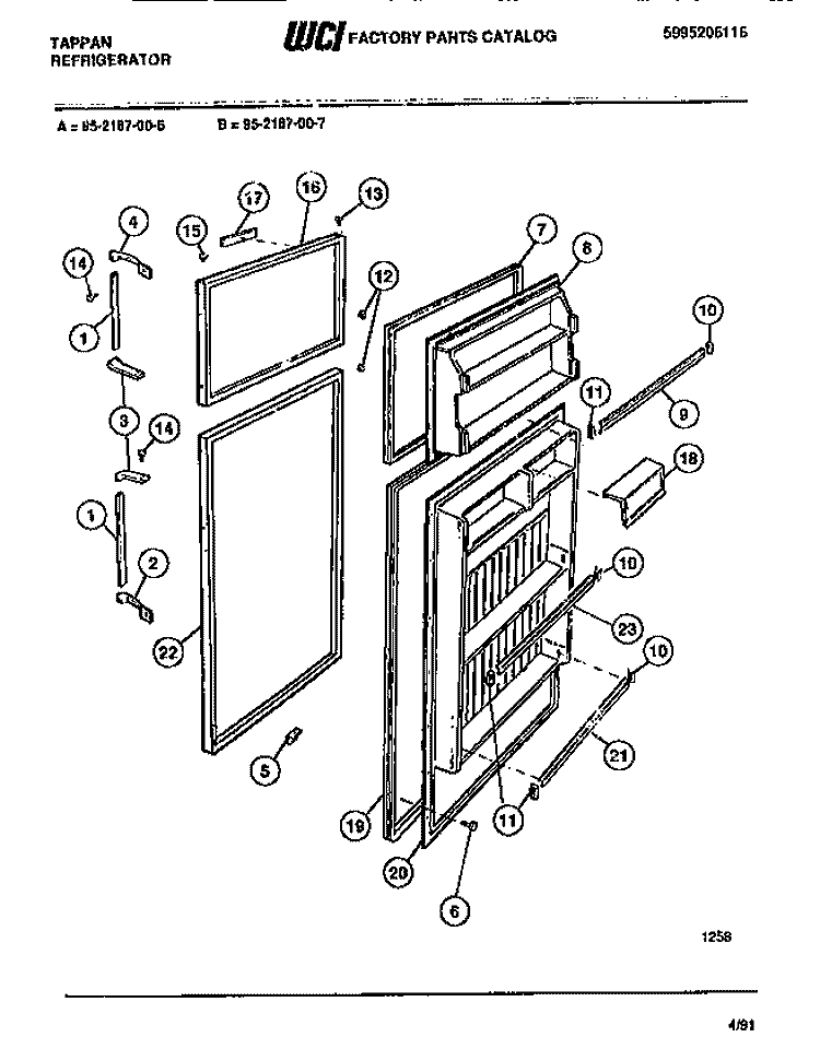 DOOR SECTION Diagram and Parts List for 95-2187-23-06  Tappan Refrigerator