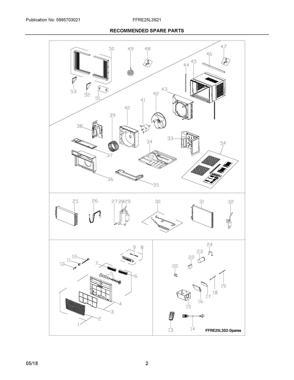 Recommended Spare Parts Diagram and Parts List for FFRE25L3S21  Frigidaire Air Conditioner