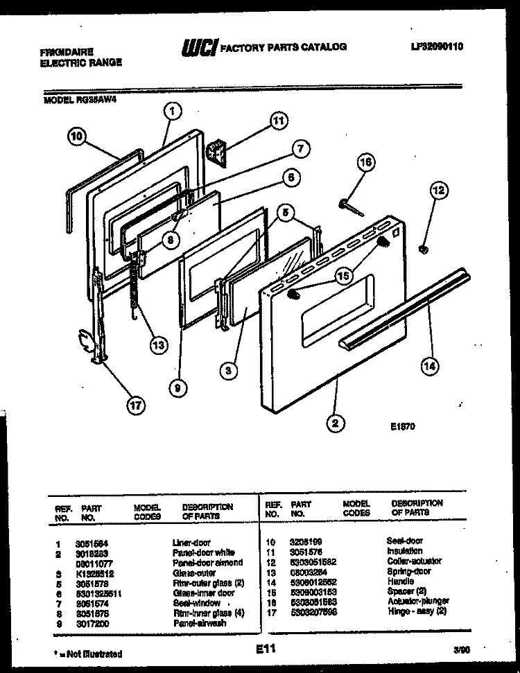 DOOR PARTS Diagram and Parts List for RG35AW4  Frigidaire Range
