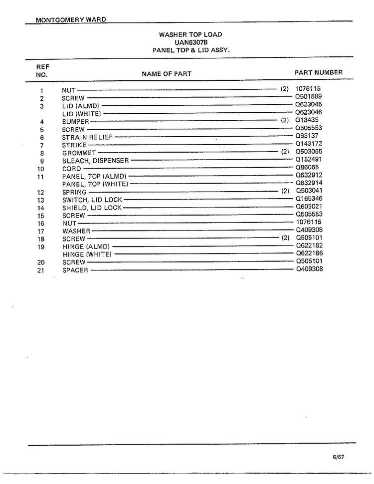 Panel Top And Lid Assy Page 2 Diagram and Parts List for 6307B  Frigidaire Washer