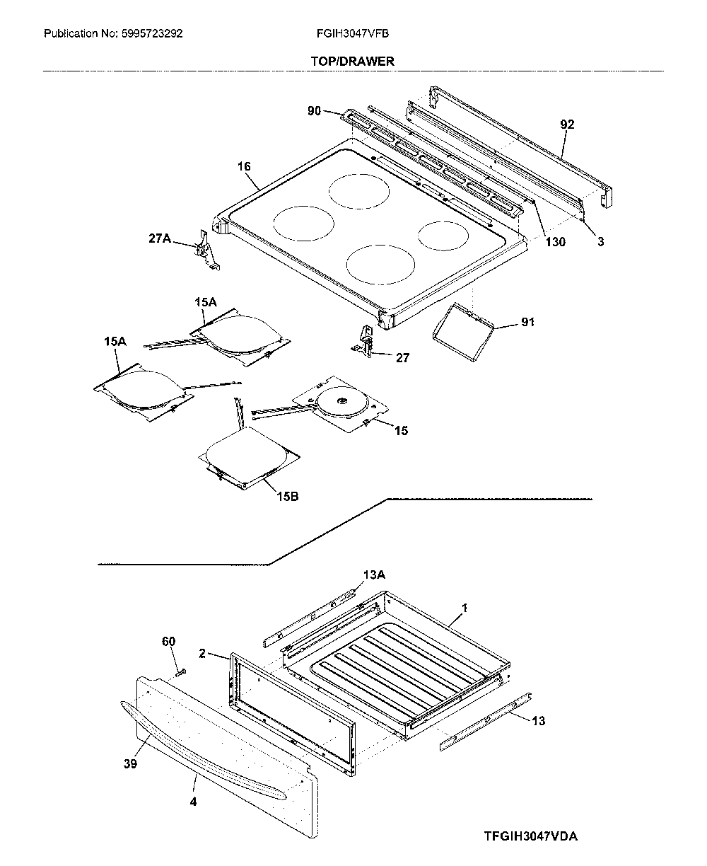 Top/drawer Diagram and Parts List for FGIH3047VFB  Frigidaire Range