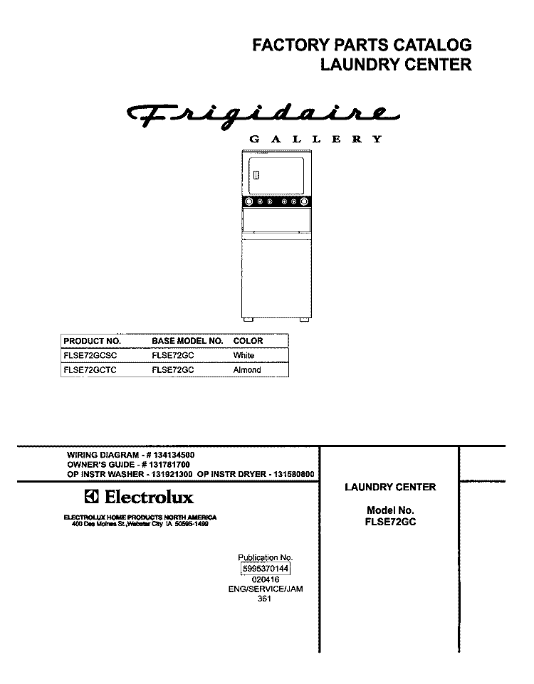 COVER Diagram and Parts List for FLSE72GCTC  Frigidaire Washer Dryer Combo