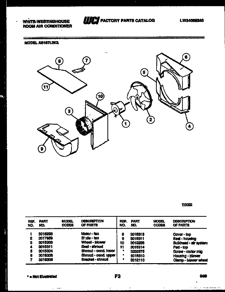 AIR HANDLING PARTS Diagram and Parts List for AS187L2K2  Frigidaire Air Conditioner