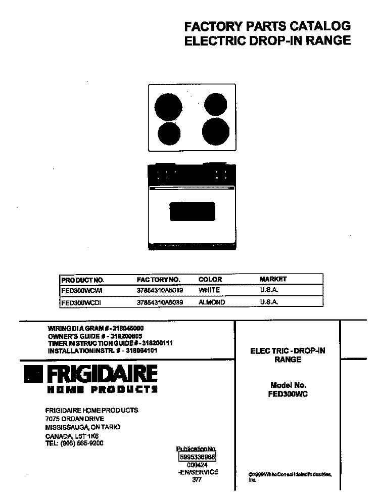 COVER Diagram and Parts List for FED300WCWI  Frigidaire Range