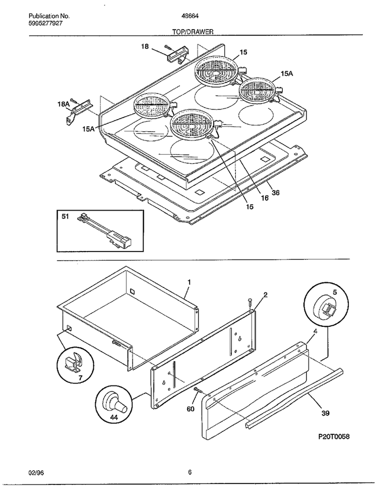 Top/drawer Diagram and Parts List for 486647C  Frigidaire Range