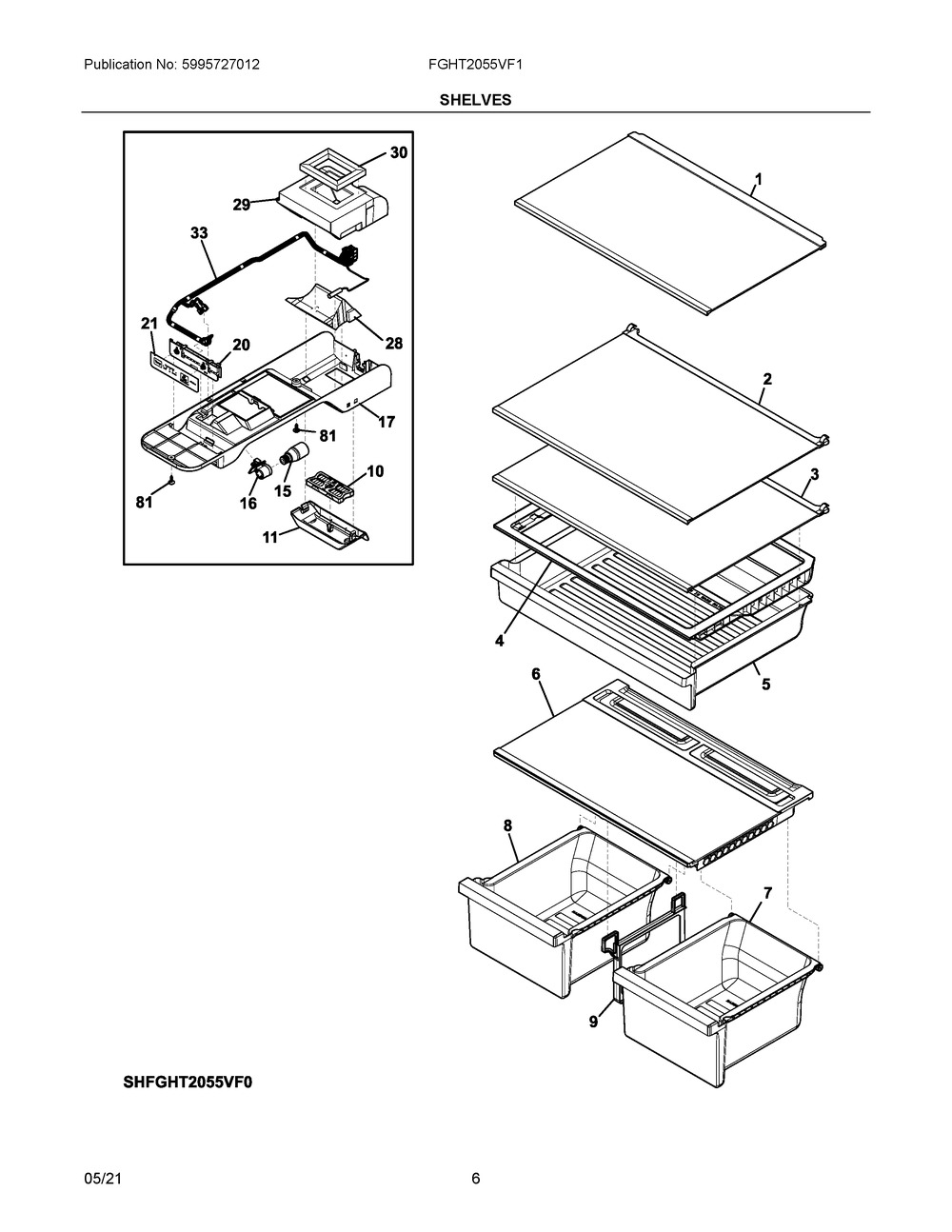 Shelves Diagram and Parts List for FGHT2055VF1  Frigidaire Refrigerator