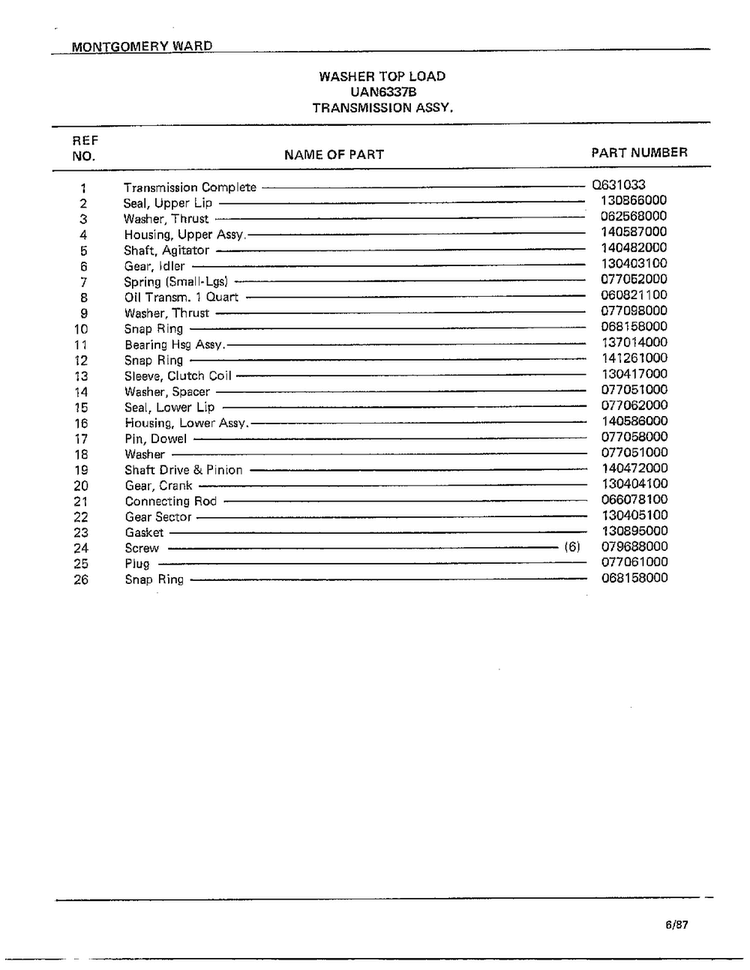 Transmission Assy Page 2 Diagram and Parts List for 6337B  Frigidaire Washer