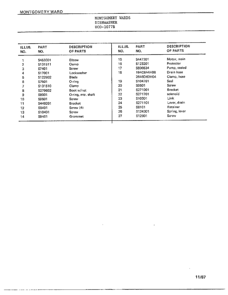 Dishwasher Page 13 Diagram and Parts List for 1077B  Frigidaire Dishwasher