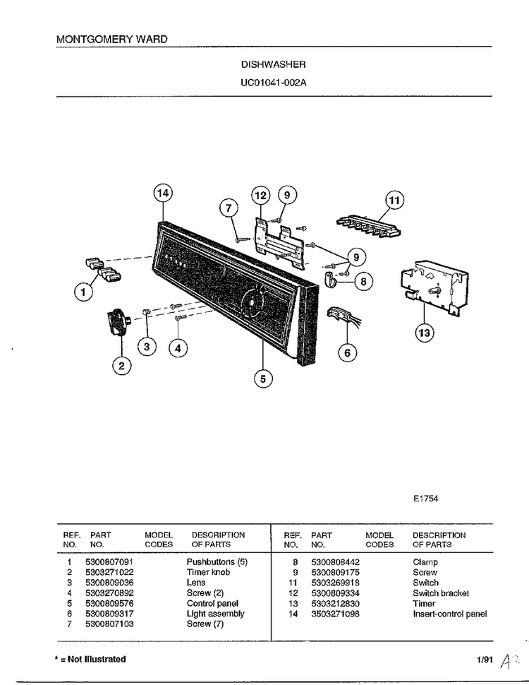 Dishwasher Diagram and Parts List for 1041-002A  Frigidaire Dishwasher