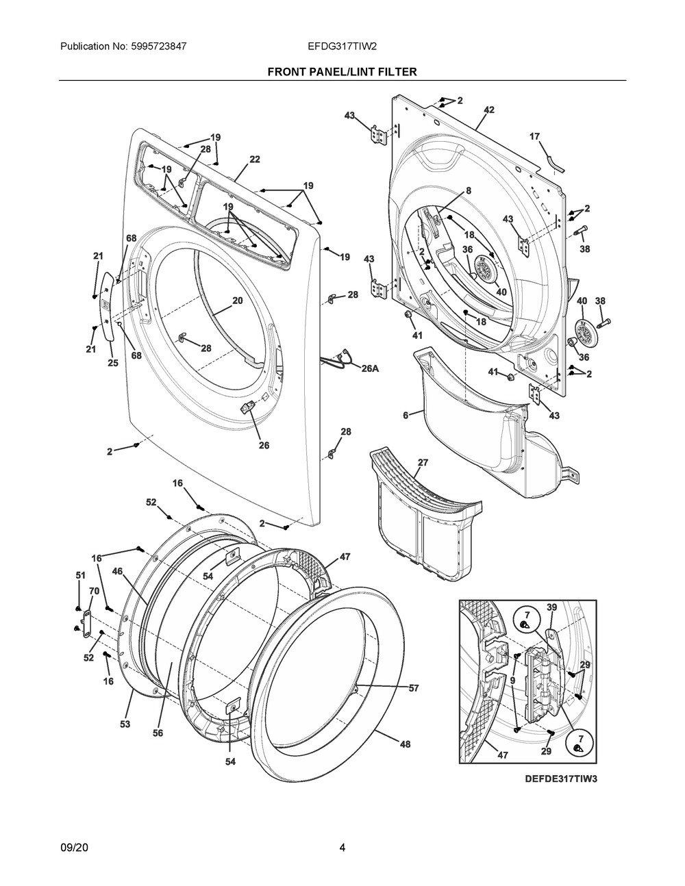 Front Panel/Lint Filter Diagram and Parts List for EFDG317TIW2  Frigidaire Dryer