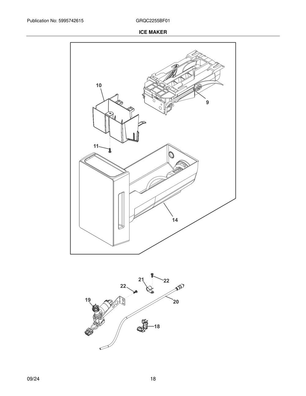 Ice Maker Diagram and Parts List for GRQC2255BF01  Frigidaire Refrigerator