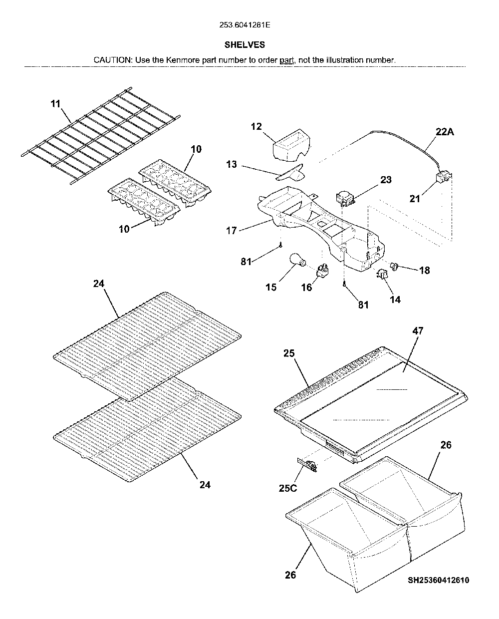 Shelves Diagram and Parts List for 2536041261E  Kenmore Refrigerator