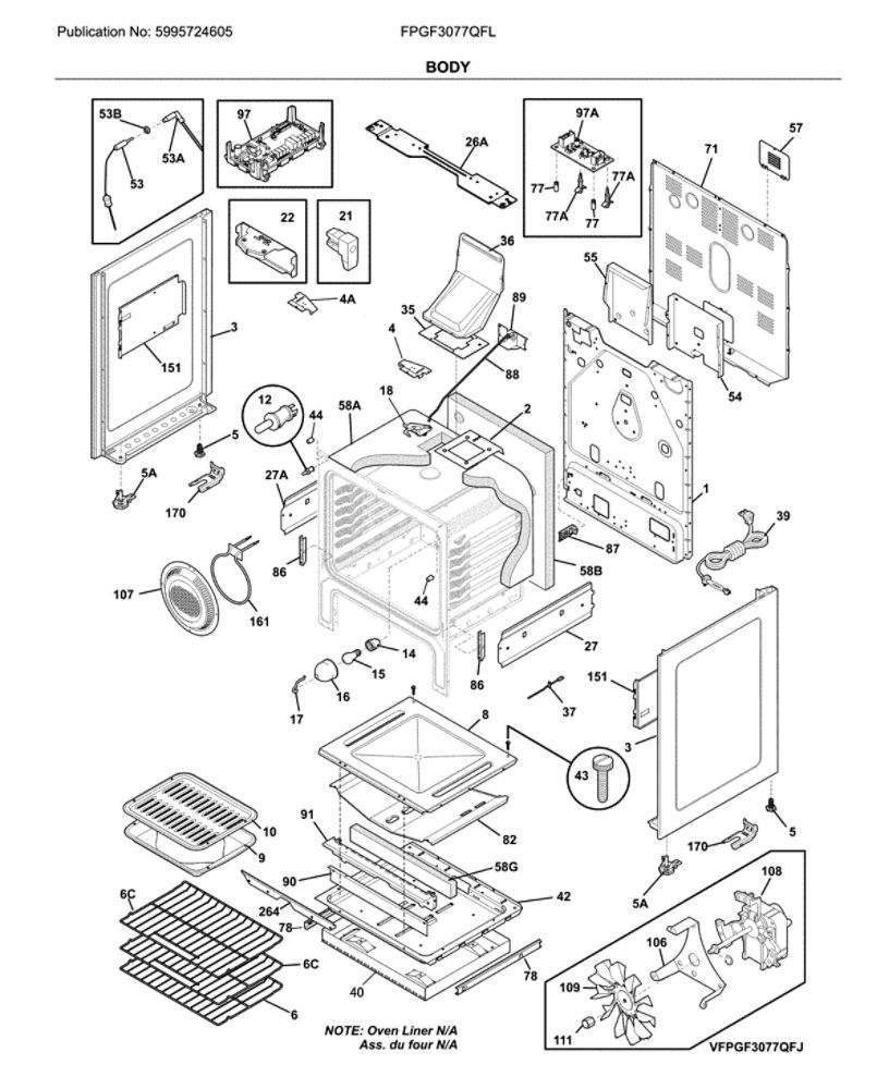 Body Diagram and Parts List for FPGF3077QFL  Frigidaire Range