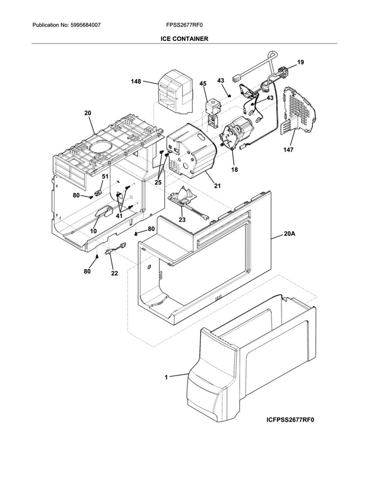Ice Container Diagram and Parts List for FPSS2677RF0  Frigidaire Refrigerator