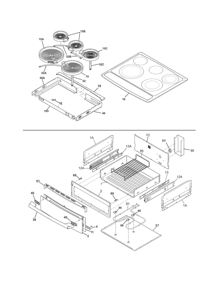 Top/drawer Diagram and Parts List for EI30ES55LWB  Electrolux Range