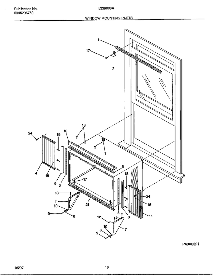 Window Mounting Parts Diagram and Parts List for 5339000  Frigidaire Air Conditioner