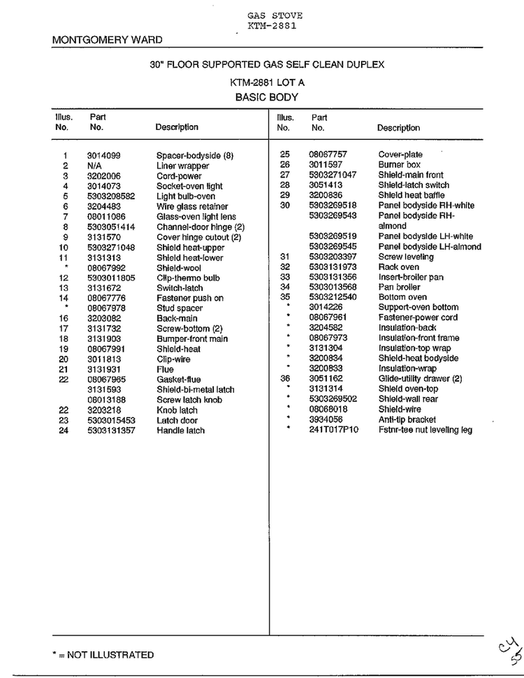Basic Body Page 2 Diagram and Parts List for 2881  Frigidaire Range