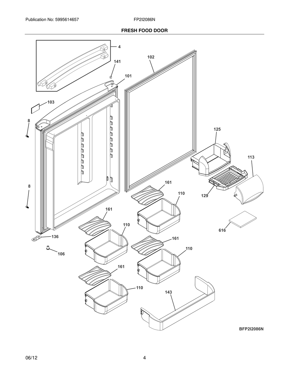 Fresh Food Door Diagram and Parts List for FP2I2086NR  Frigidaire Refrigerator