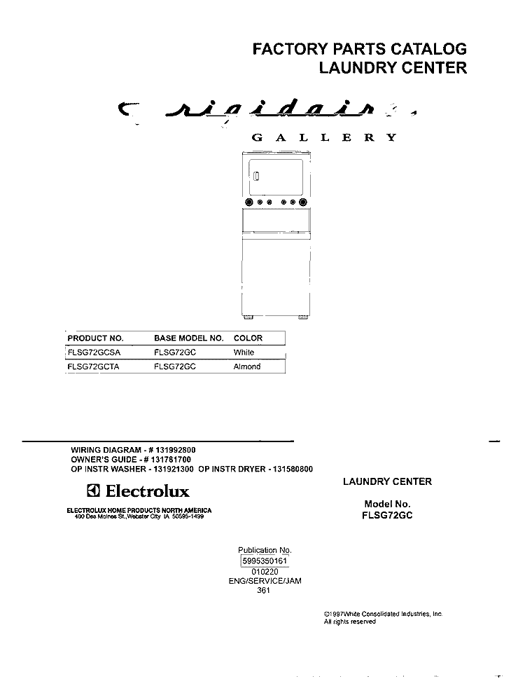 COVER Diagram and Parts List for FLSG72GCTA  Frigidaire Washer Dryer Combo