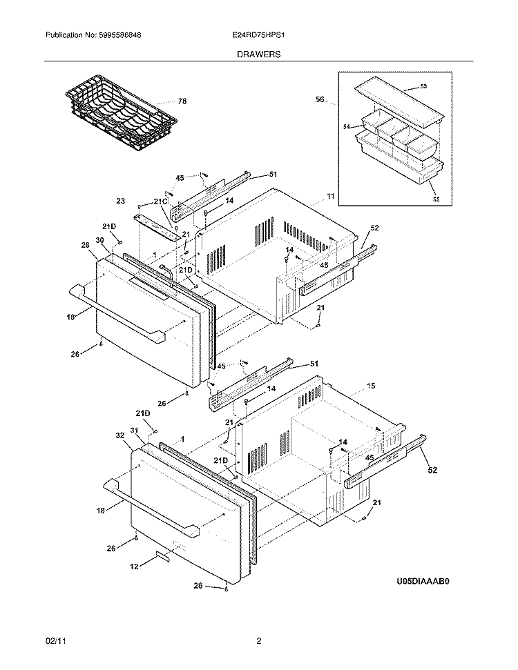 DRAWERS Diagram and Parts List for E24RD75HPS1  Electrolux Refrigerator