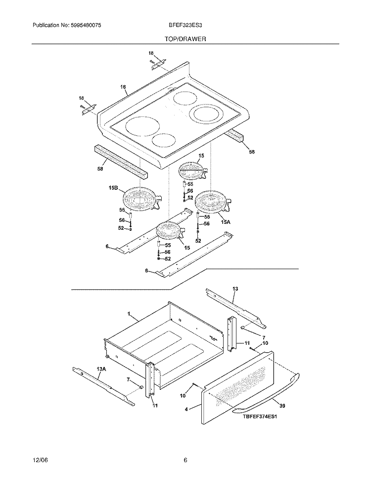 TOP / DRAWER Diagram and Parts List for BFEF323ES3  Frigidaire Range