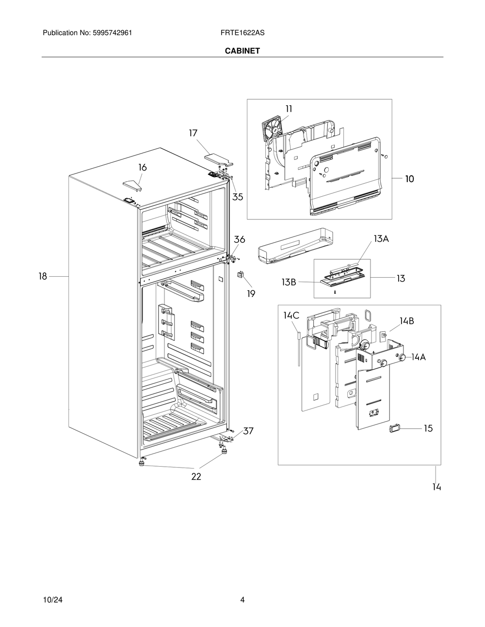 Cabinet Diagram and Parts List for FRTE1622AS  Frigidaire Refrigerator