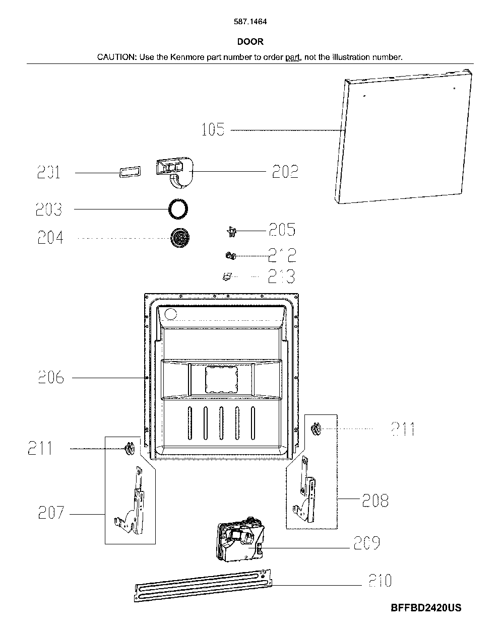 Door Diagram and Parts List for 58714649J01B  Kenmore Dishwasher