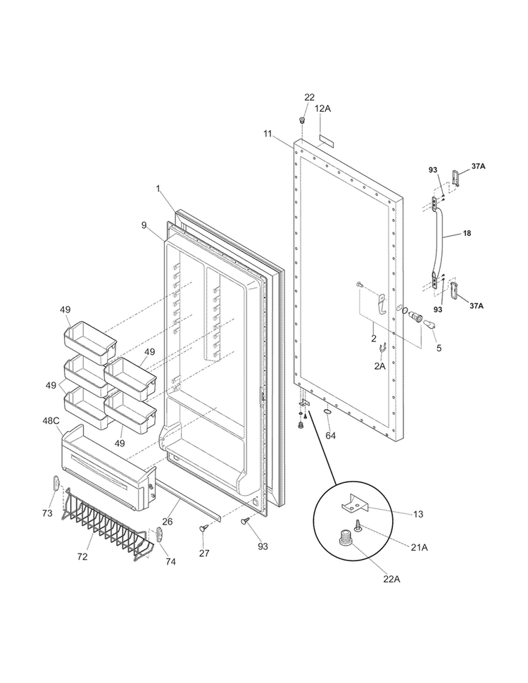 Door Diagram and Parts List for FFU21M7HWP  Frigidaire Freezer
