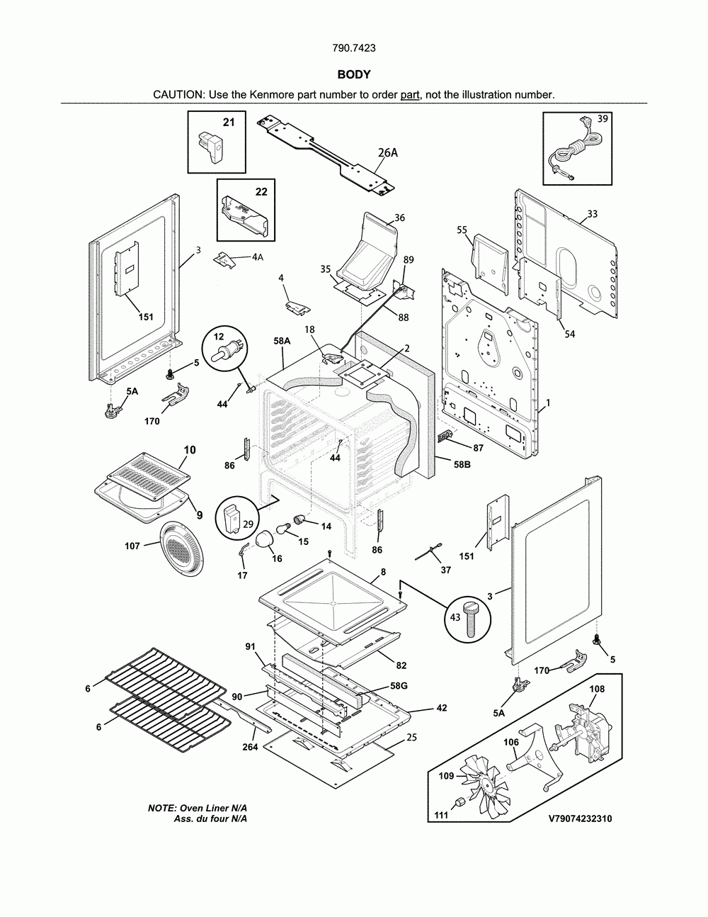 Body Diagram and Parts List for 79074232314  Kenmore Range