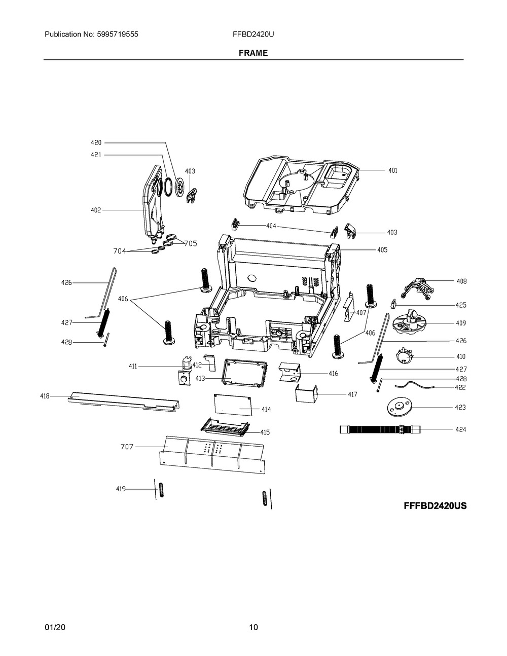 Frame Diagram and Parts List for FFBD2420UB  Frigidaire Dishwasher