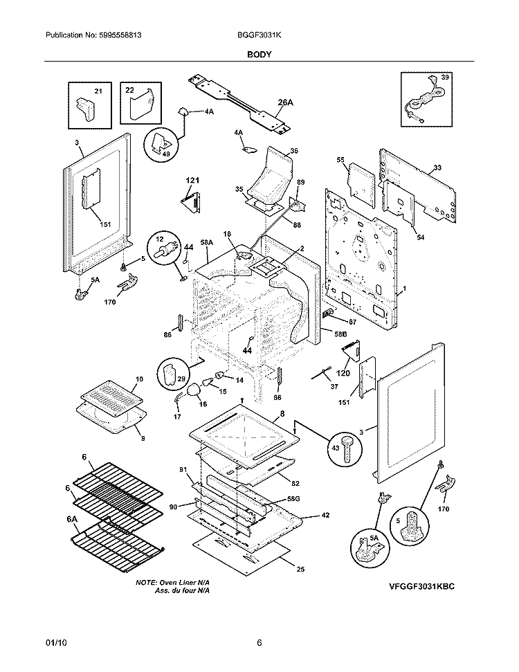BODY Diagram and Parts List for BGGF3031KWD  Frigidaire Range