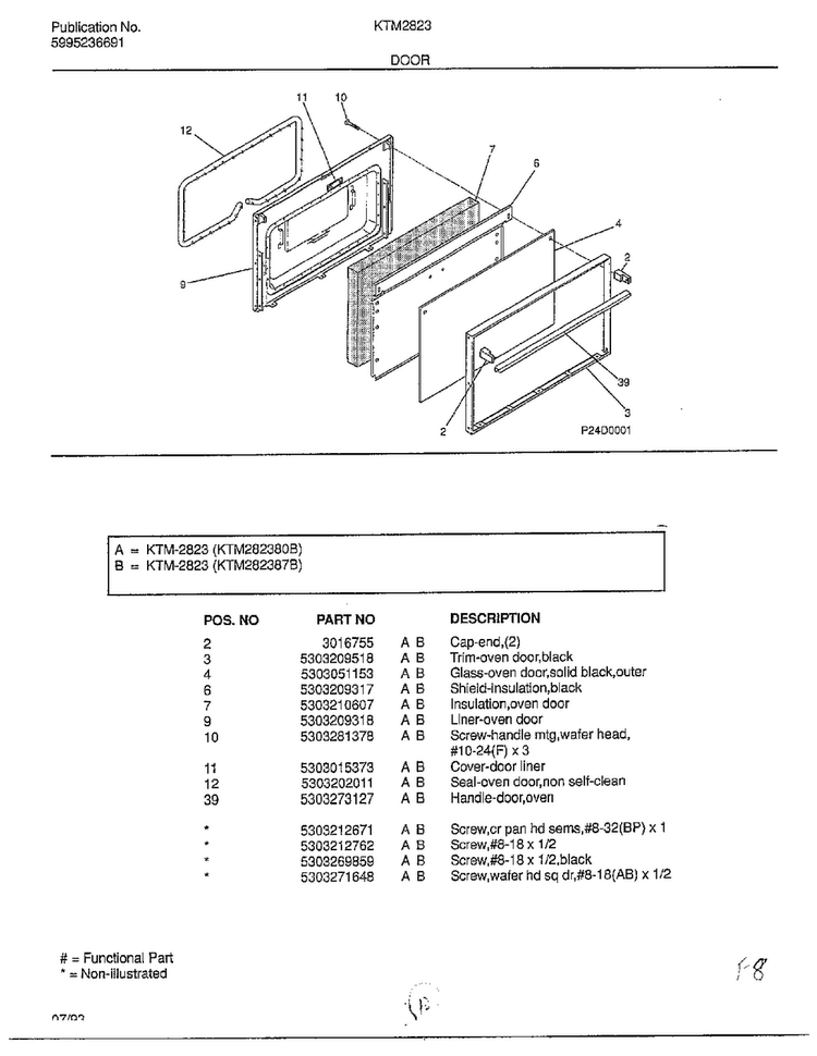 Door Diagram and Parts List for 2823-80B  Frigidaire Range