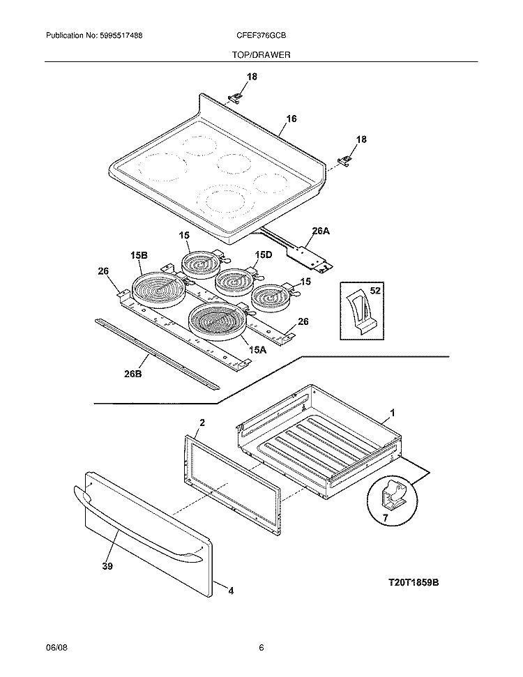 TOP/DRAWER Diagram and Parts List for CFEF376GCB  Frigidaire Range