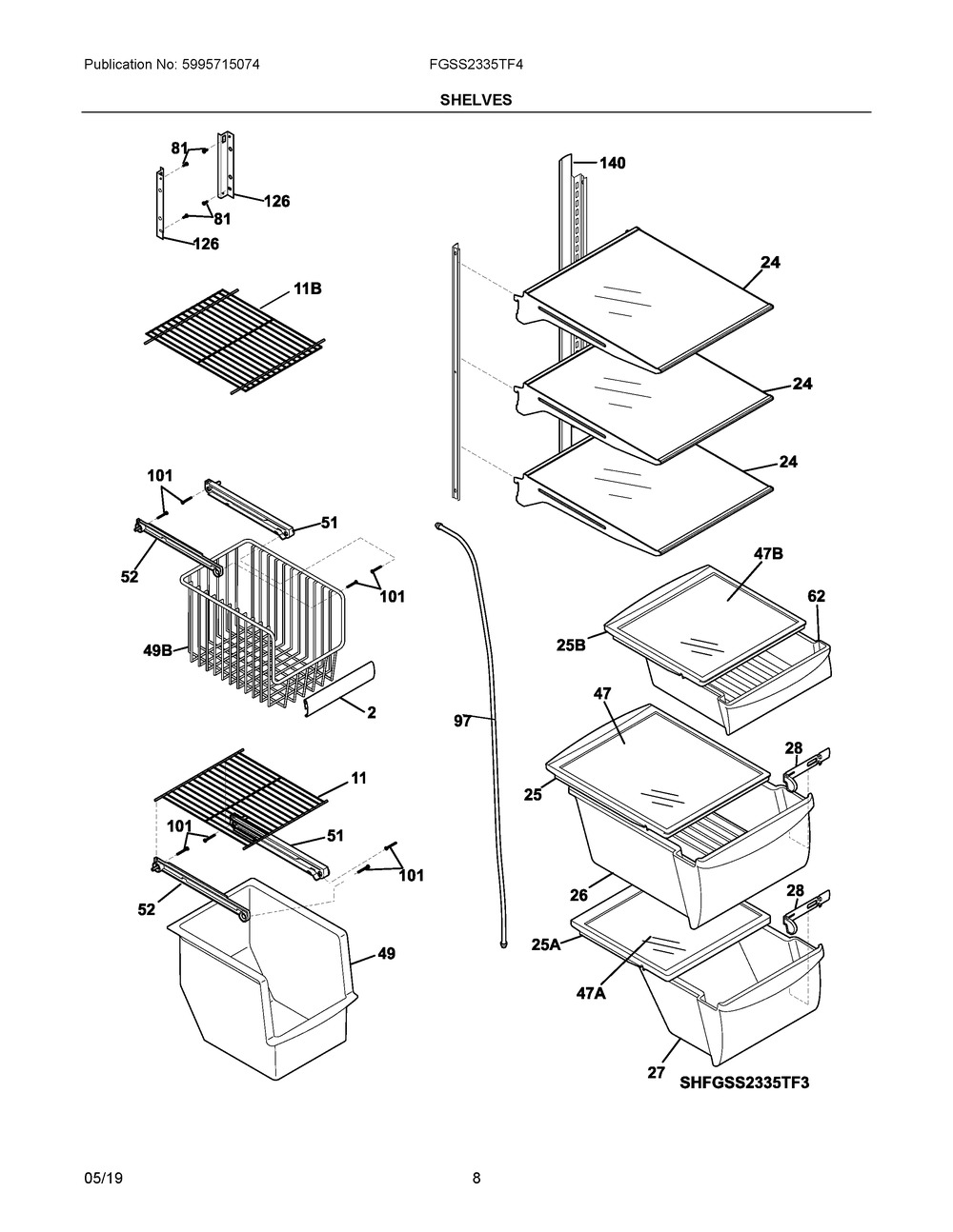 Shelves Diagram and Parts List for FGSS2335TF4  Frigidaire Refrigerator