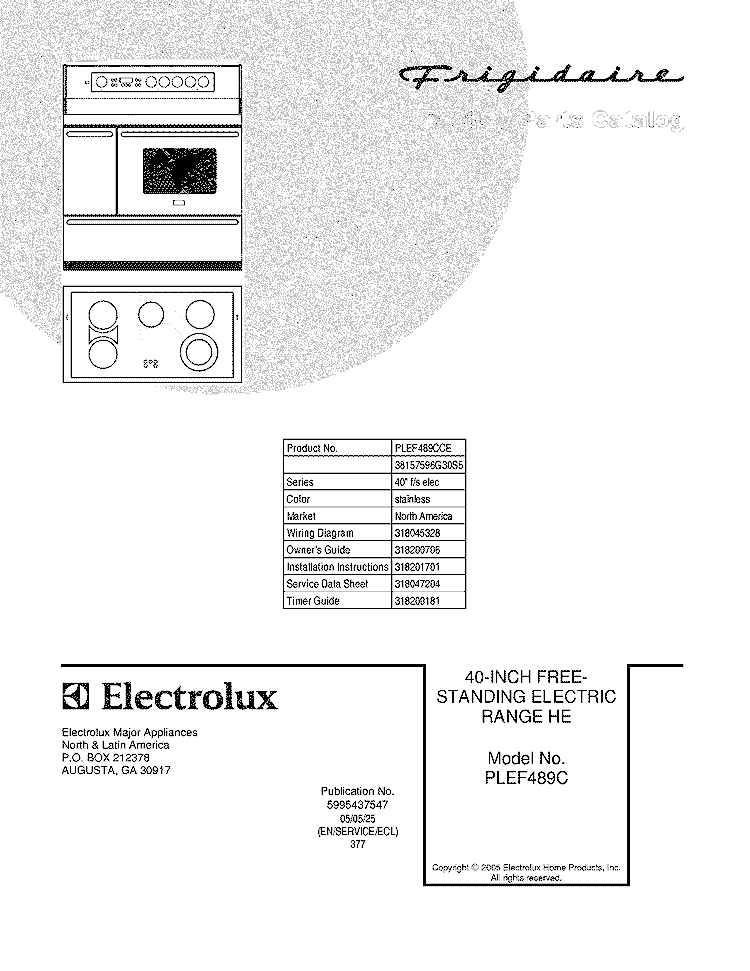 COVER Diagram and Parts List for PLEF489CCE  Frigidaire Range