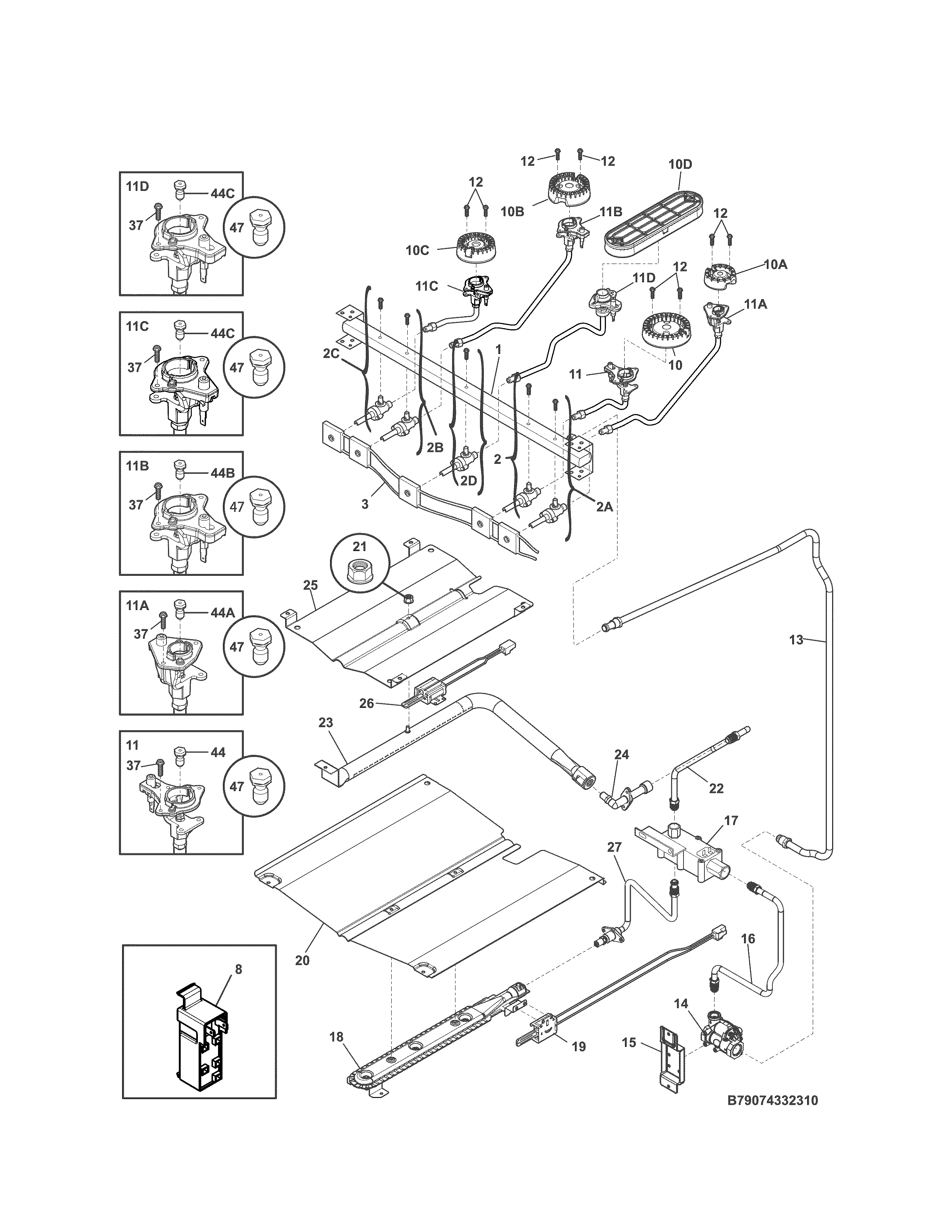 Burner Diagram and Parts List for 79074334311  Kenmore Range