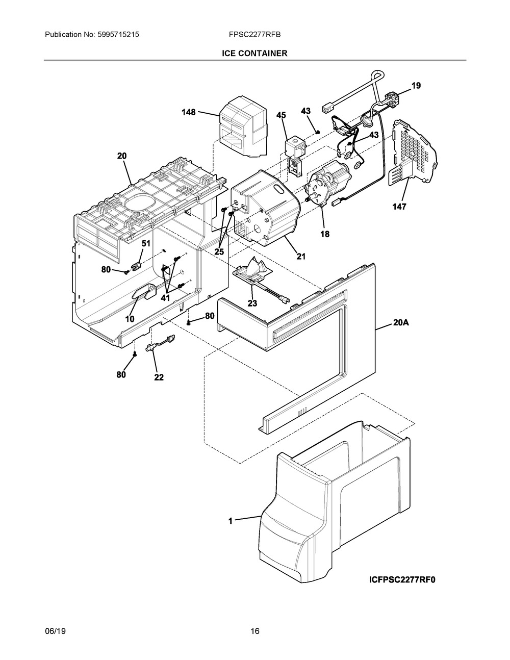 Ice Container Diagram and Parts List for FPSC2277RFB  Frigidaire Refrigerator