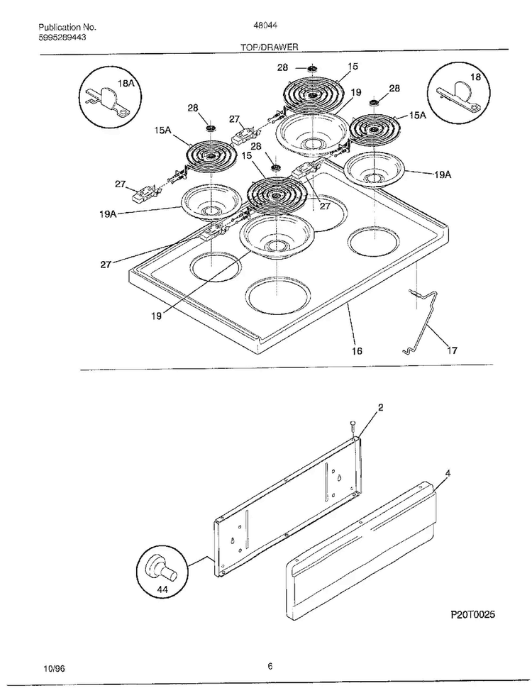 Top/drawer Diagram and Parts List for 480447E  Frigidaire Range