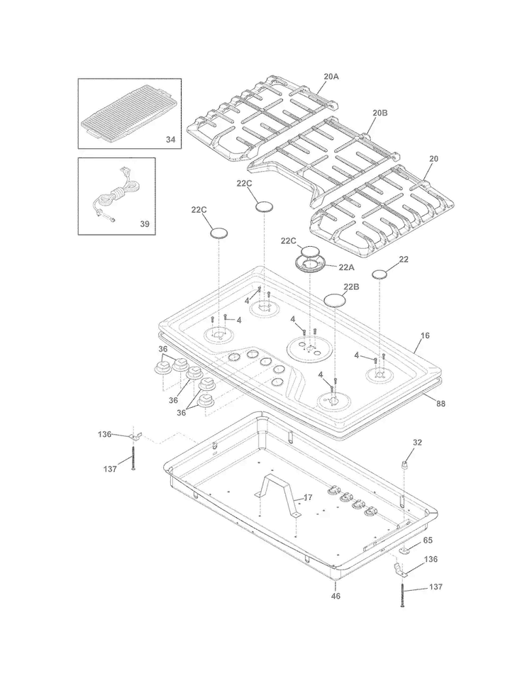 Cook Top Diagram and Parts List for EW36GC55PB0  Electrolux Cooktop